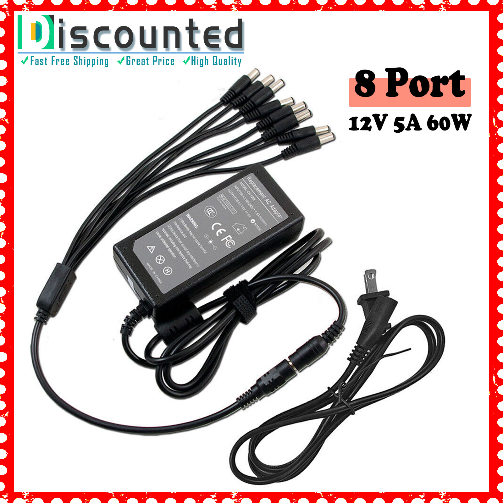 DVR 8 Split Power Cable +DC 12V 5A Power Supply Adapter for CCTV Security Camera