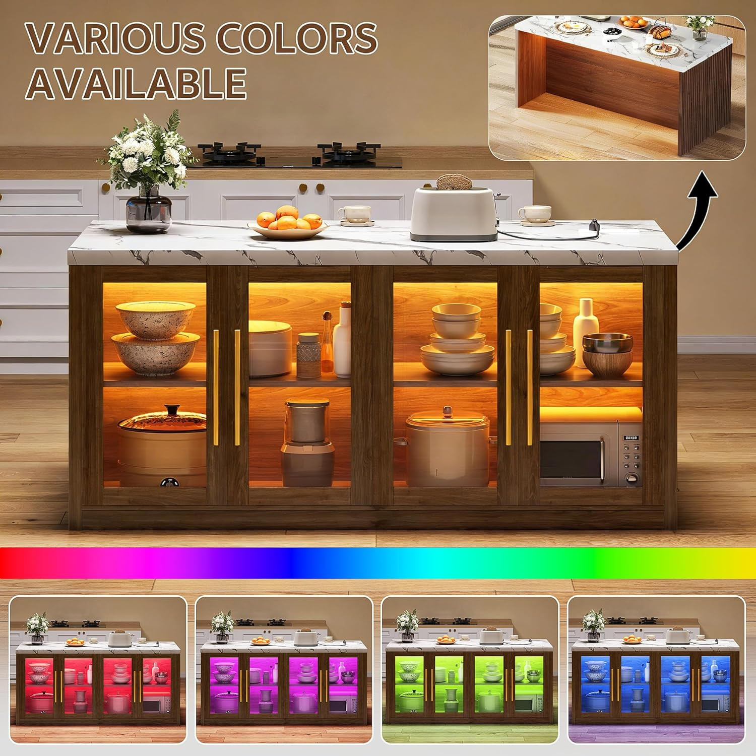 Walnut Kitchen Island with Storage & LED Light, 55" Rolling Breakfast Bar