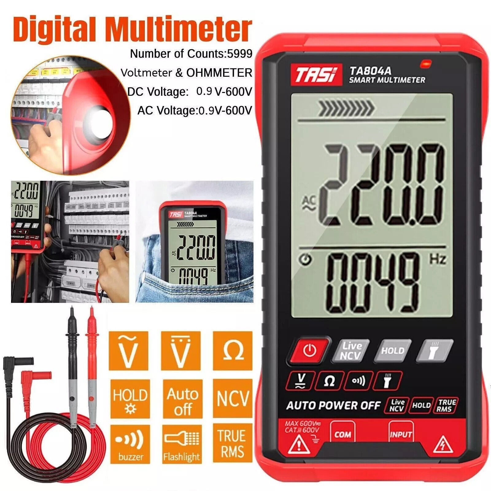 Digital Multimeter Voltmeter AC DC Volt Meter Ohmmeter Auto Range Tester w/Light