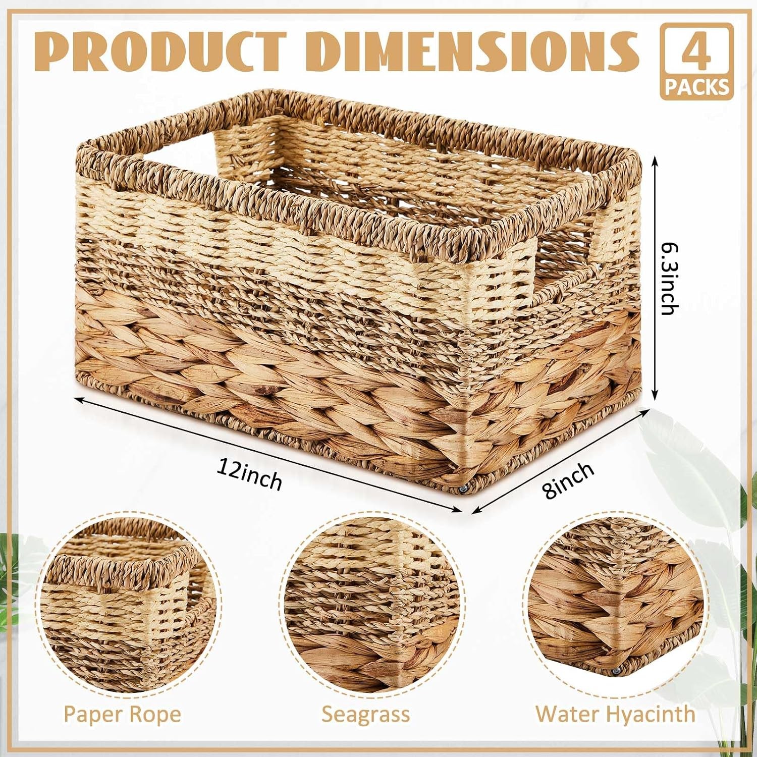 4 Pack Wicker Storage Basket for Organizing, Woven Baskets with Handles for