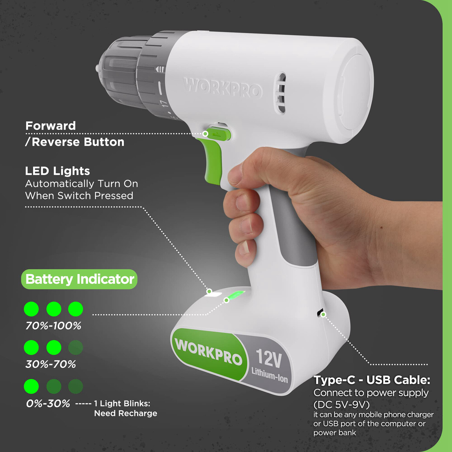 WORKPRO 12V Cordless Drill Driver 6PCS Bits Set 3/8-Inch Keyless Chuck 18 Touque