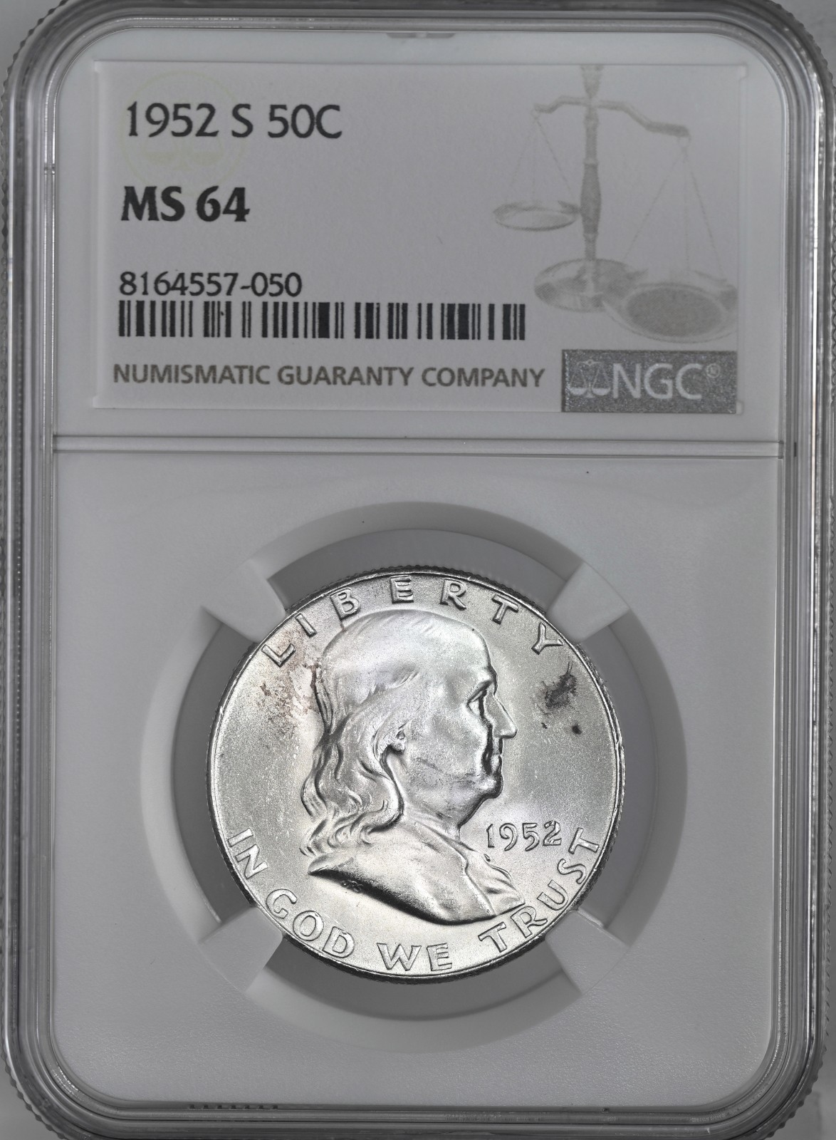 1952-S  50C FRANKLIN SILVER HALF DOLLAR   NGC MS64  #8164557-050  "TONING SPOTS"