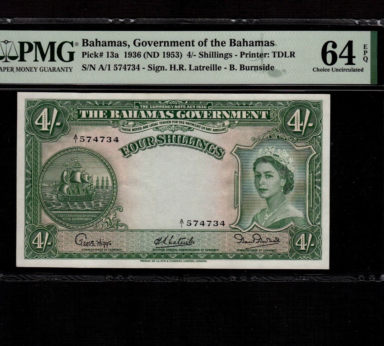 Bahamas 4 Shillings 1953 P-13a * PMG Unc 64 EPQ * Rare First Signature *