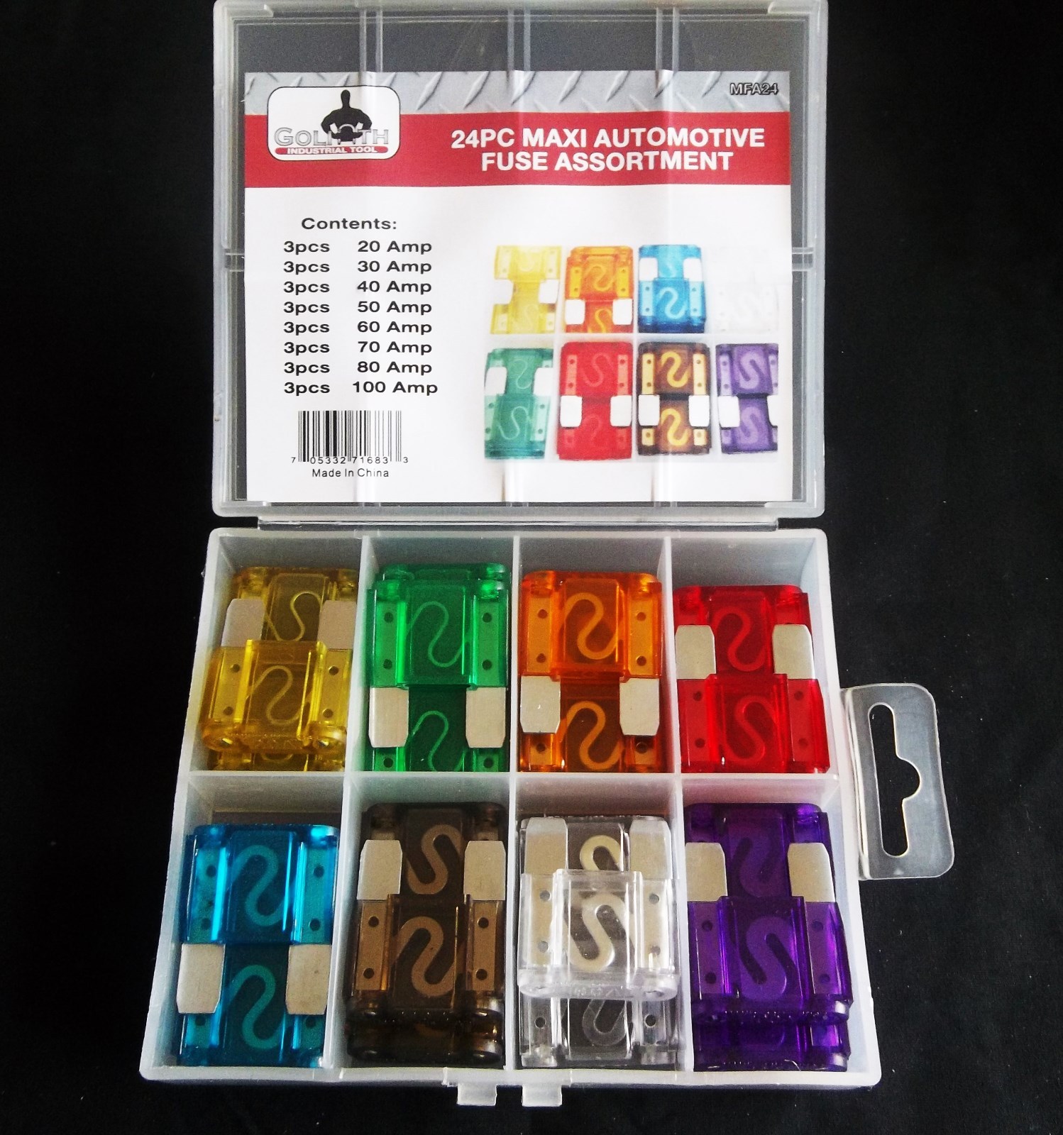 24pc GOLIATH INDUSTRIAL BIG MAXI CAR BLADE FUSE ASSORTMENT MFA24 FUSES TRUCK RV
