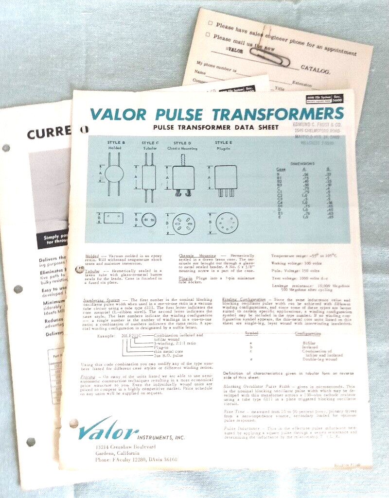 1950s ~ Valor Instrument Inc ~ Transformers ~  Data-Sheets / Bulletins
