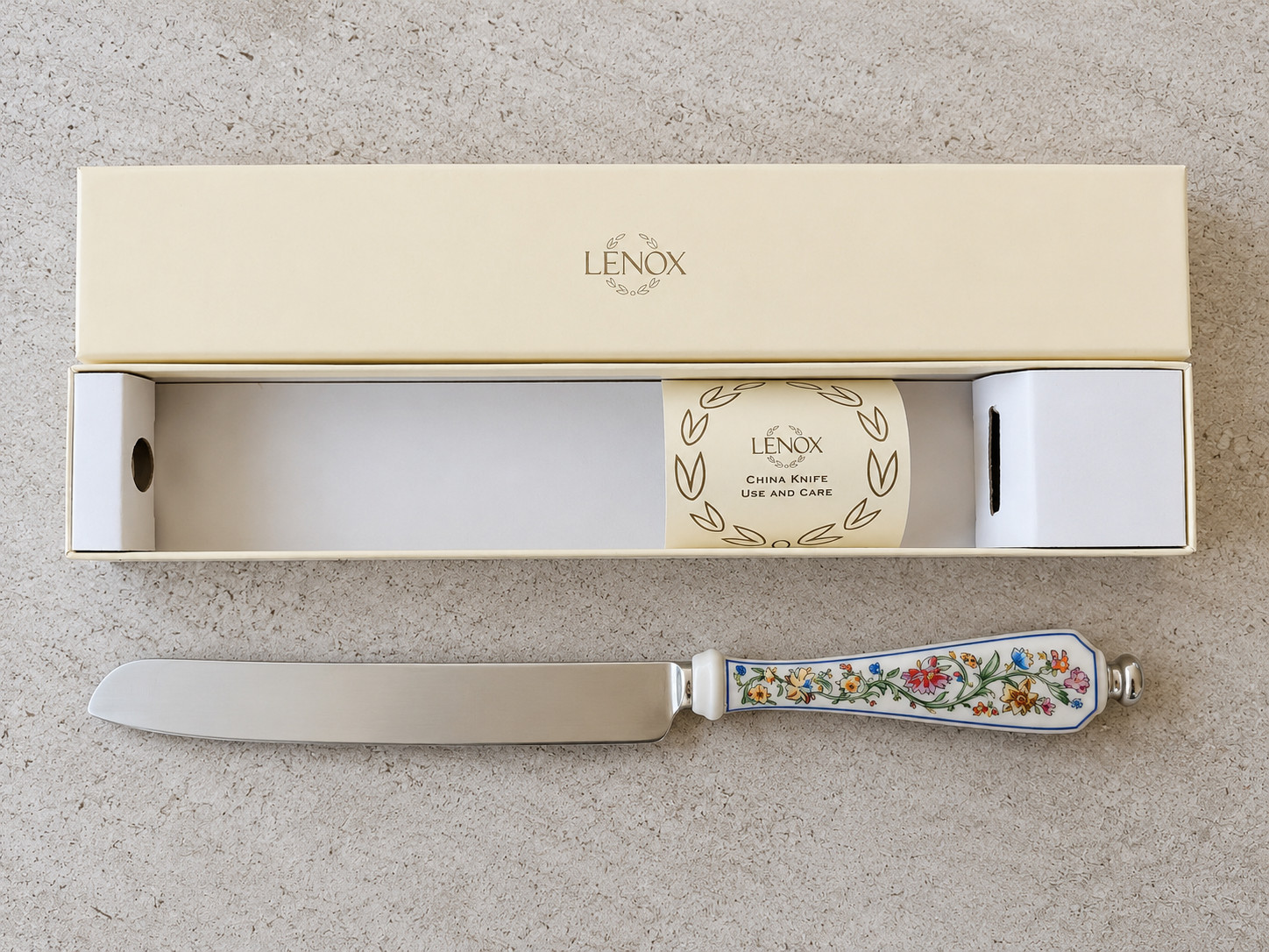 Lenox Knife – Floral Fine China Handle – 14" Stainless Steel Blade – With Origin