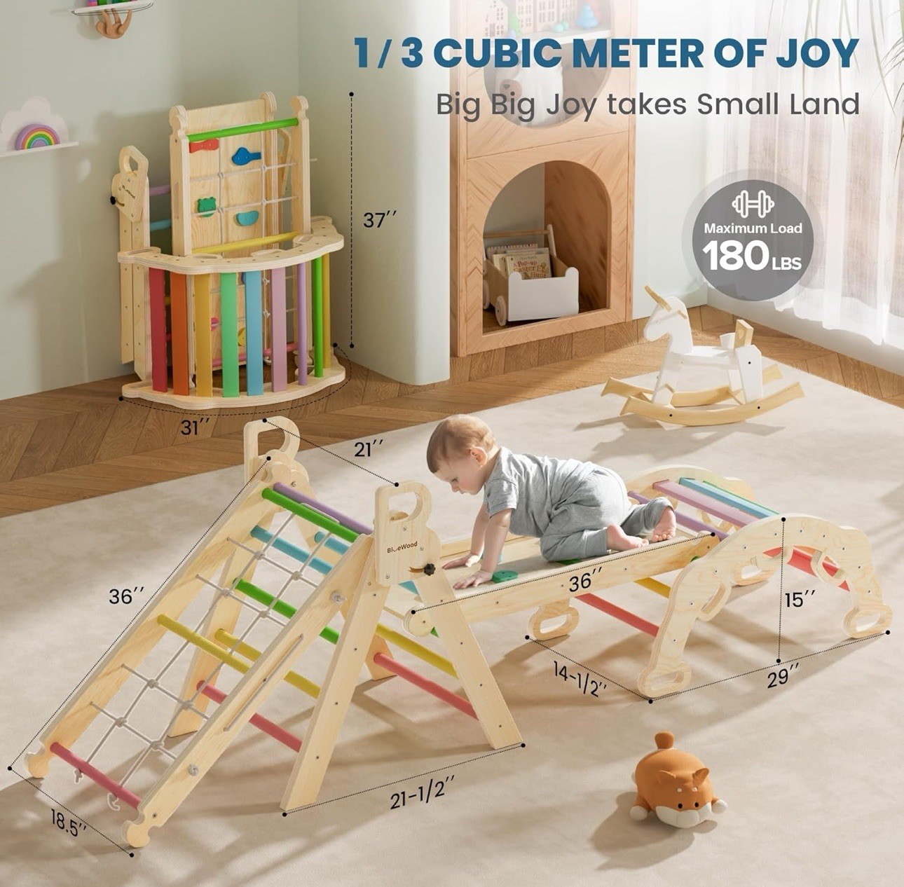 BlueWood 2024 8-in-1 Pikler Triangle Climbing Set Toddler Toys Indoor, Rainbow