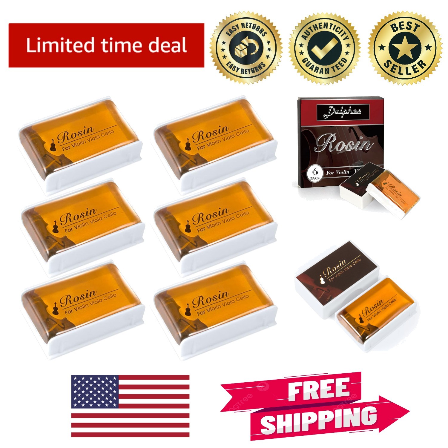 6 Pack Light Low Dust Rosin for Violin, Viola & Cello - Natural Quality