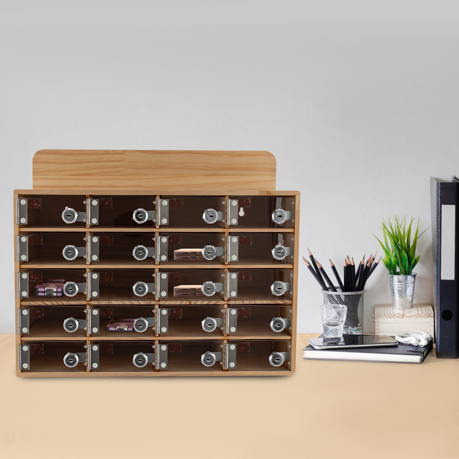 20 Slots Cell Phone Locker Box Wood Cell Phone Storage Cabinet With Keys/Locks