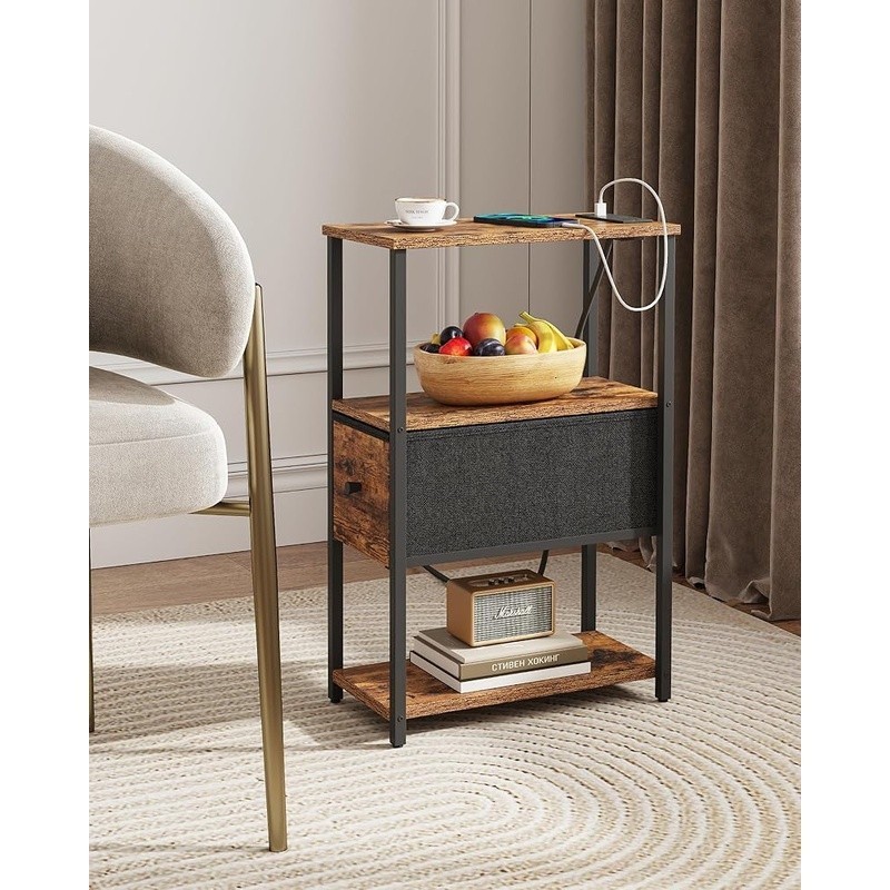 End Table Charging Station Nightstand USB Type C Fabric Drawer Storage Shelves