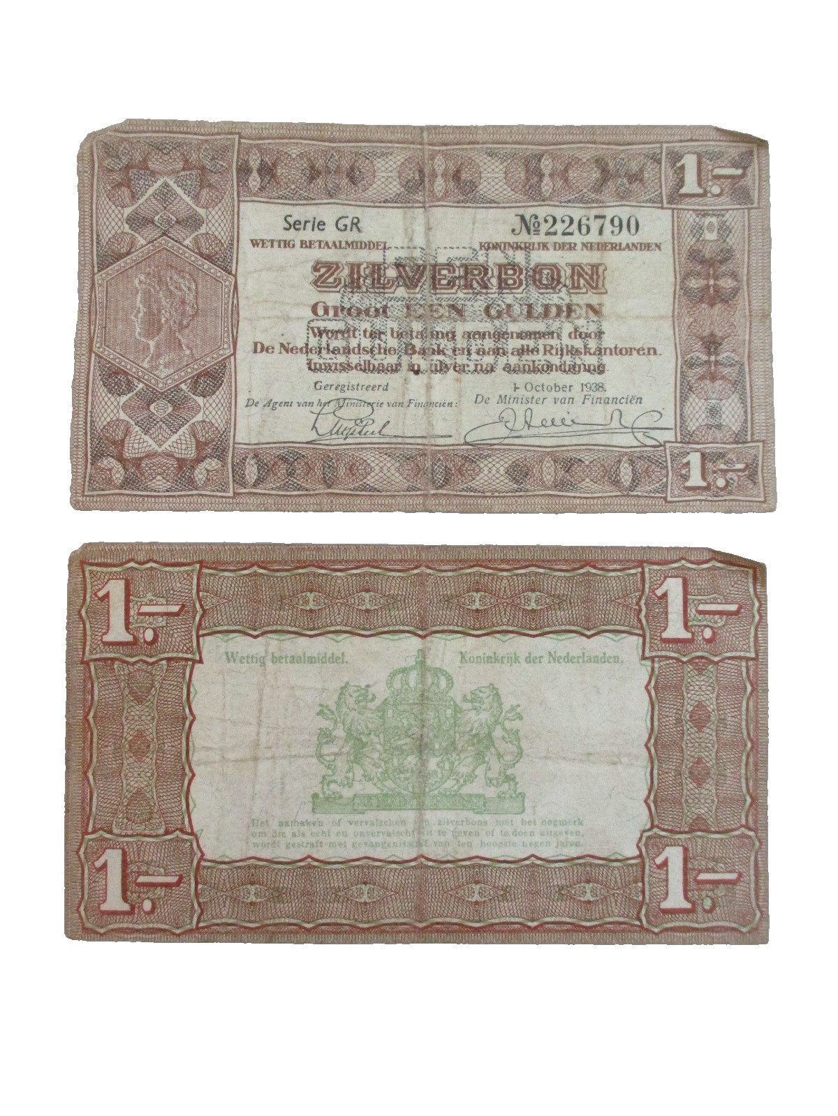 Two Vtg 1938 Netherlands Zilverbon (Silver Certificate) 1 Gulden Note (G)