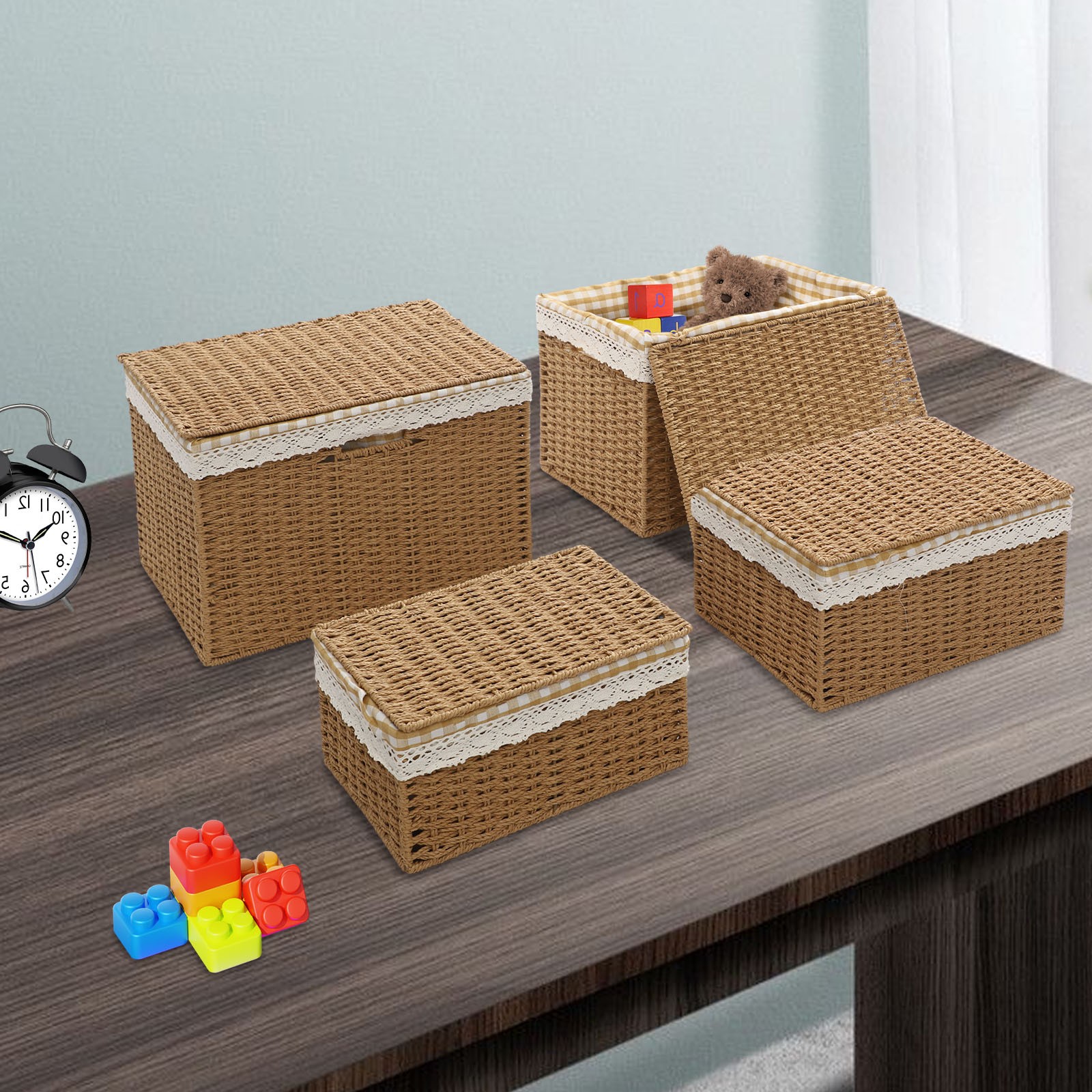 4pcs Large Rope-woven Storage Baskets Boxes Stackable Organizor Bins W/ Liner