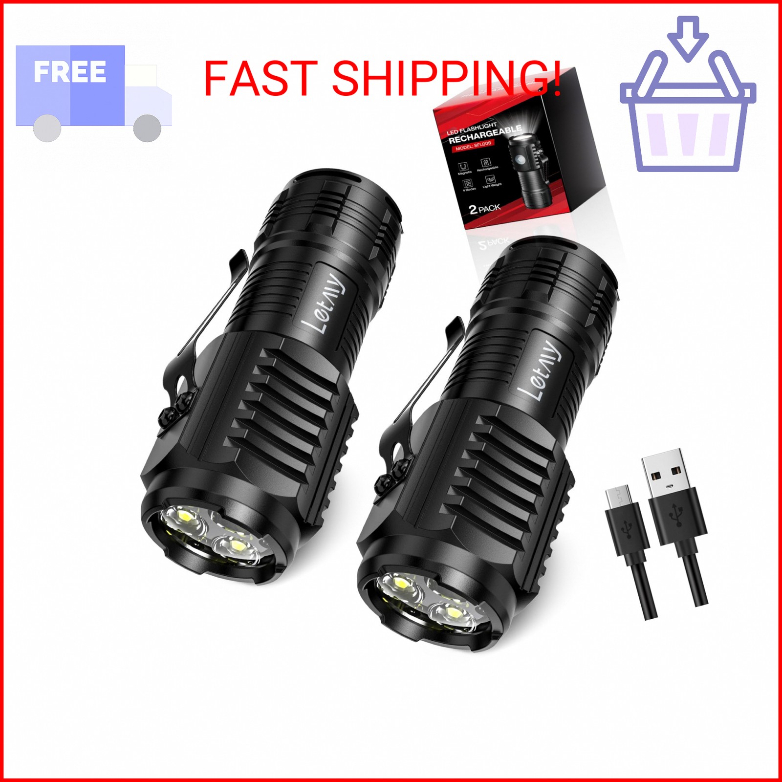 LETMY Rechargeable Mini Flashlights with Magnetic Base, 2 Pack Bright 3 LED Flas