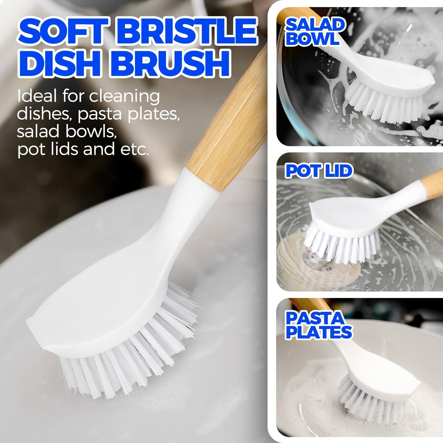 3 Pack Dish Brush Set with Bamboo Handle, Kitchen Scrub Brush for Cleaning Dish,