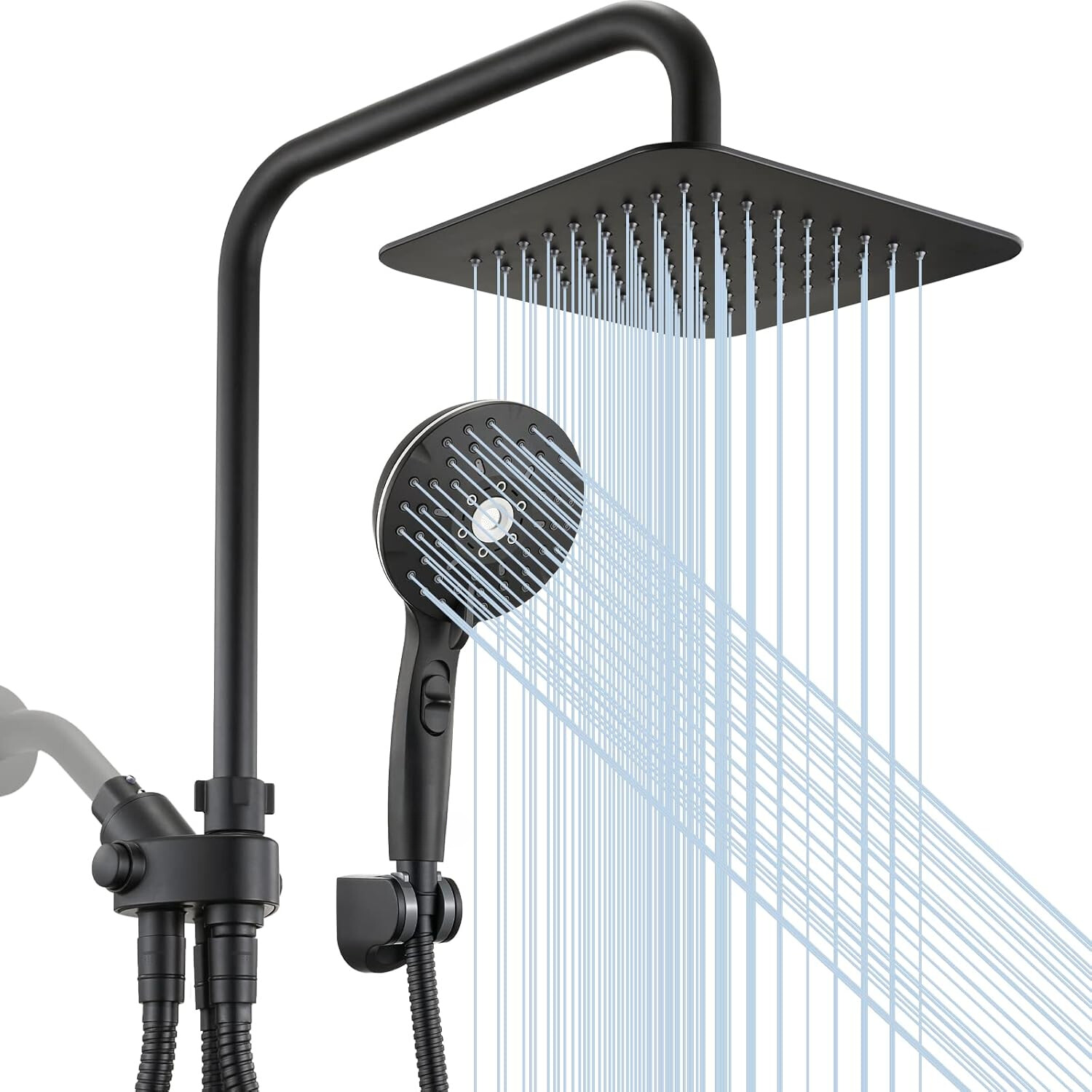 Dual Showerhead Combo, Black 8'' Rain Shower, 6 Adjustable Handholds