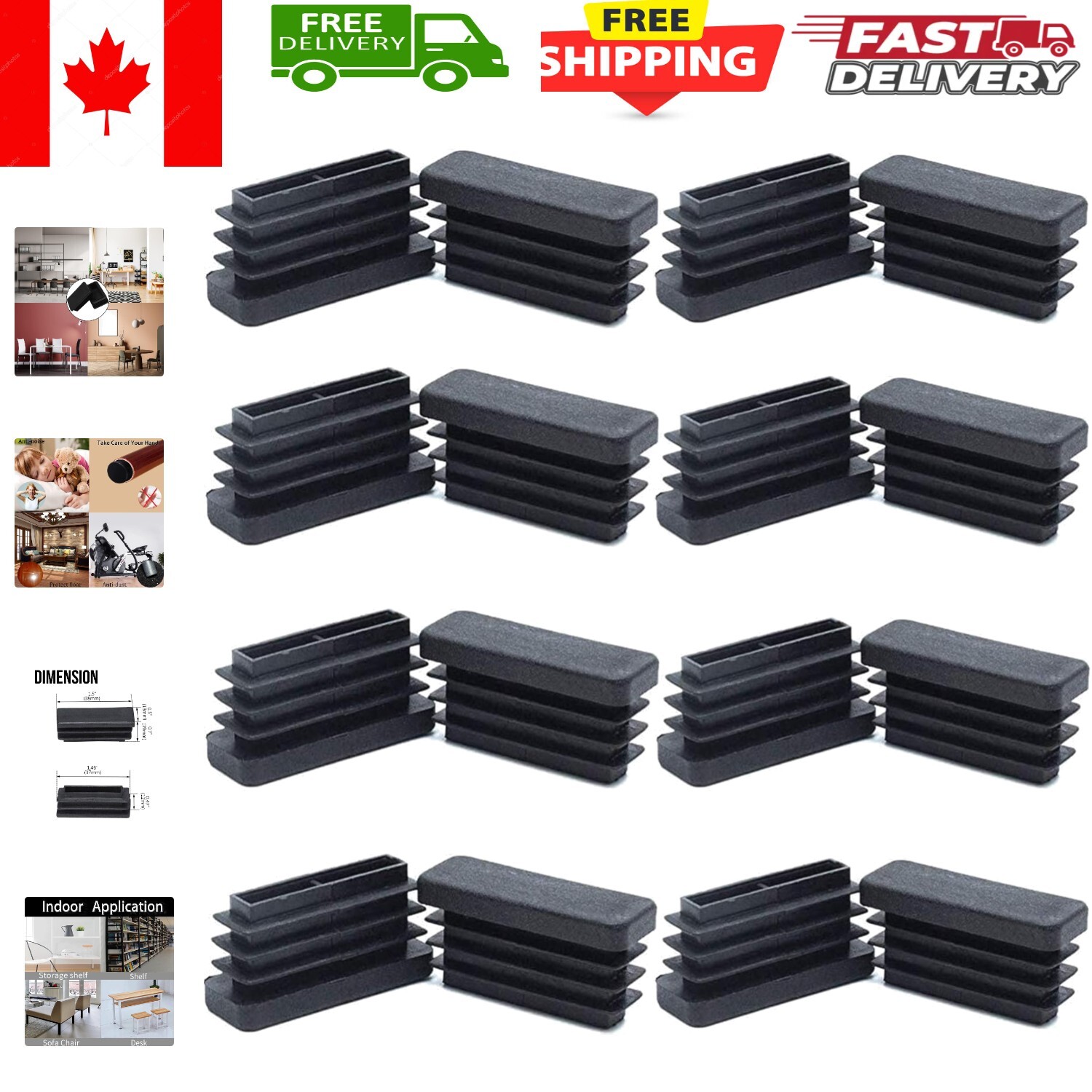 Durable 16-Pack Black Plastic Chair Glide Caps, 1/2" x 1 1/2" Rectangle Tubing