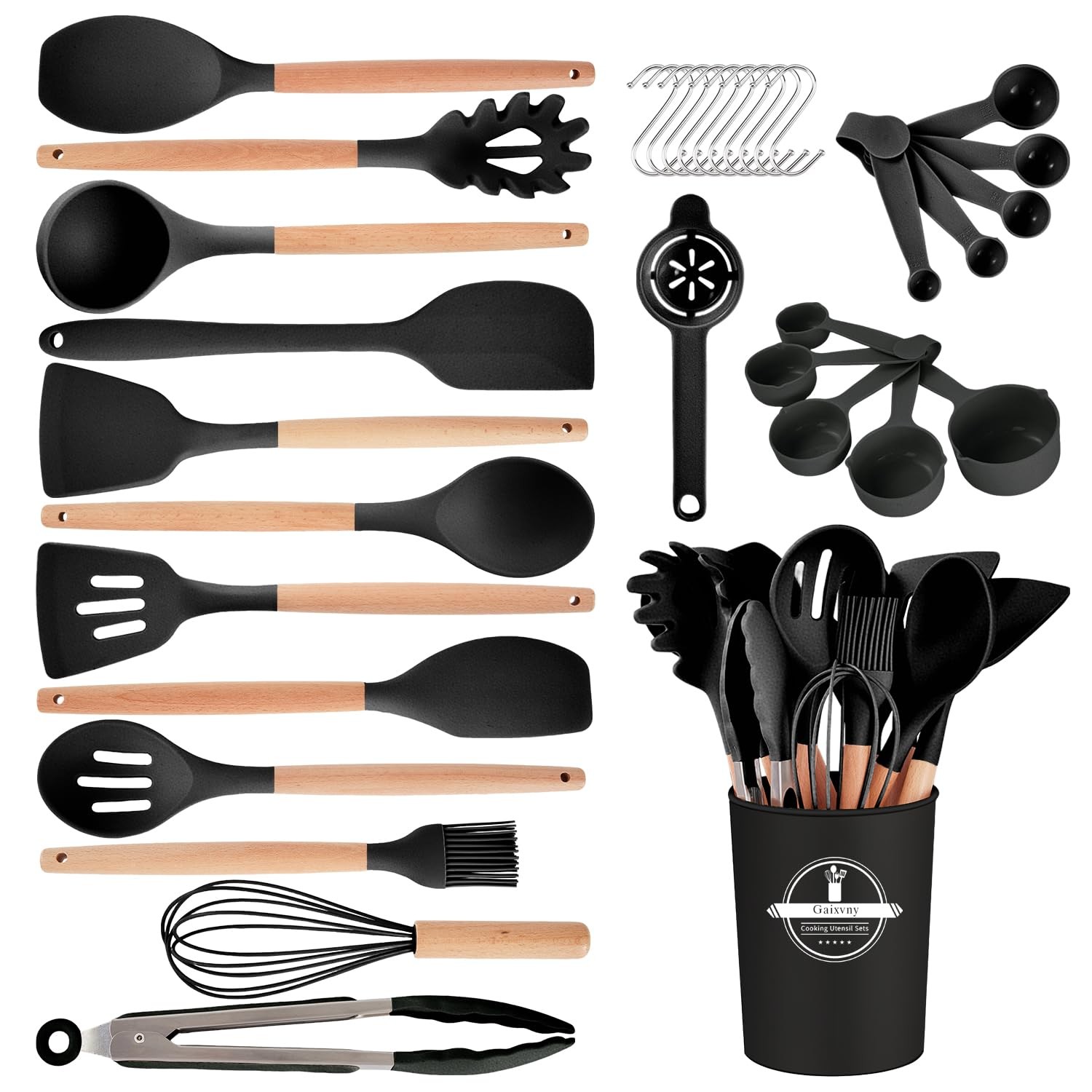 Kitchen Utensils Set 34 PCS Non-Stick Silicone Cooking Spatula Holder Black