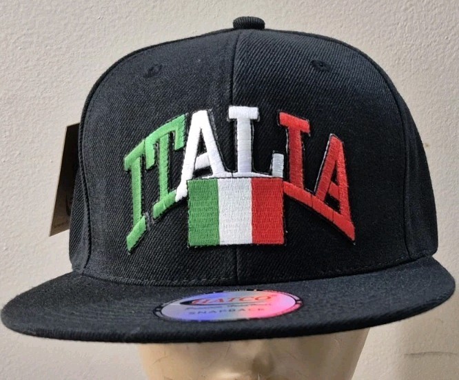 Italia Hat Baseball Cap Adjustable Snapback Italian Flat Bill Black Hat