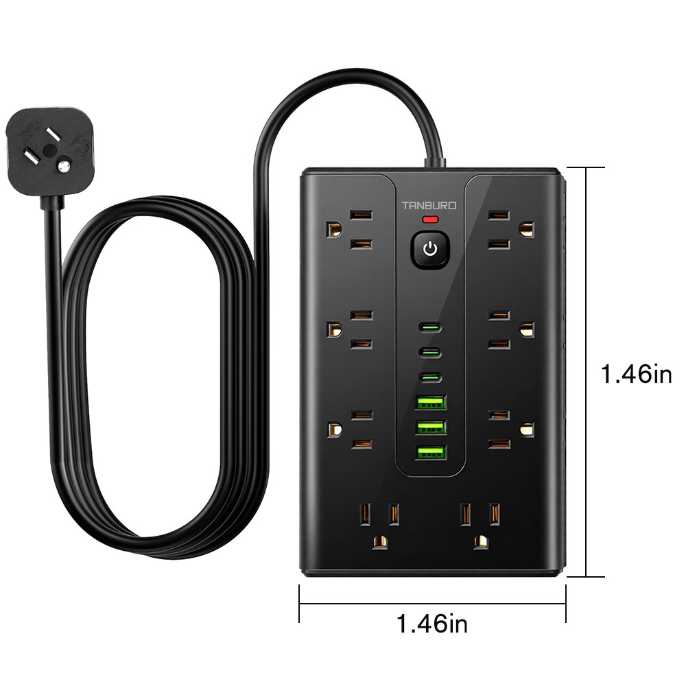 Flat Plug Power Strip with 16 Outlet Extension Cord USB Port Surge Protector