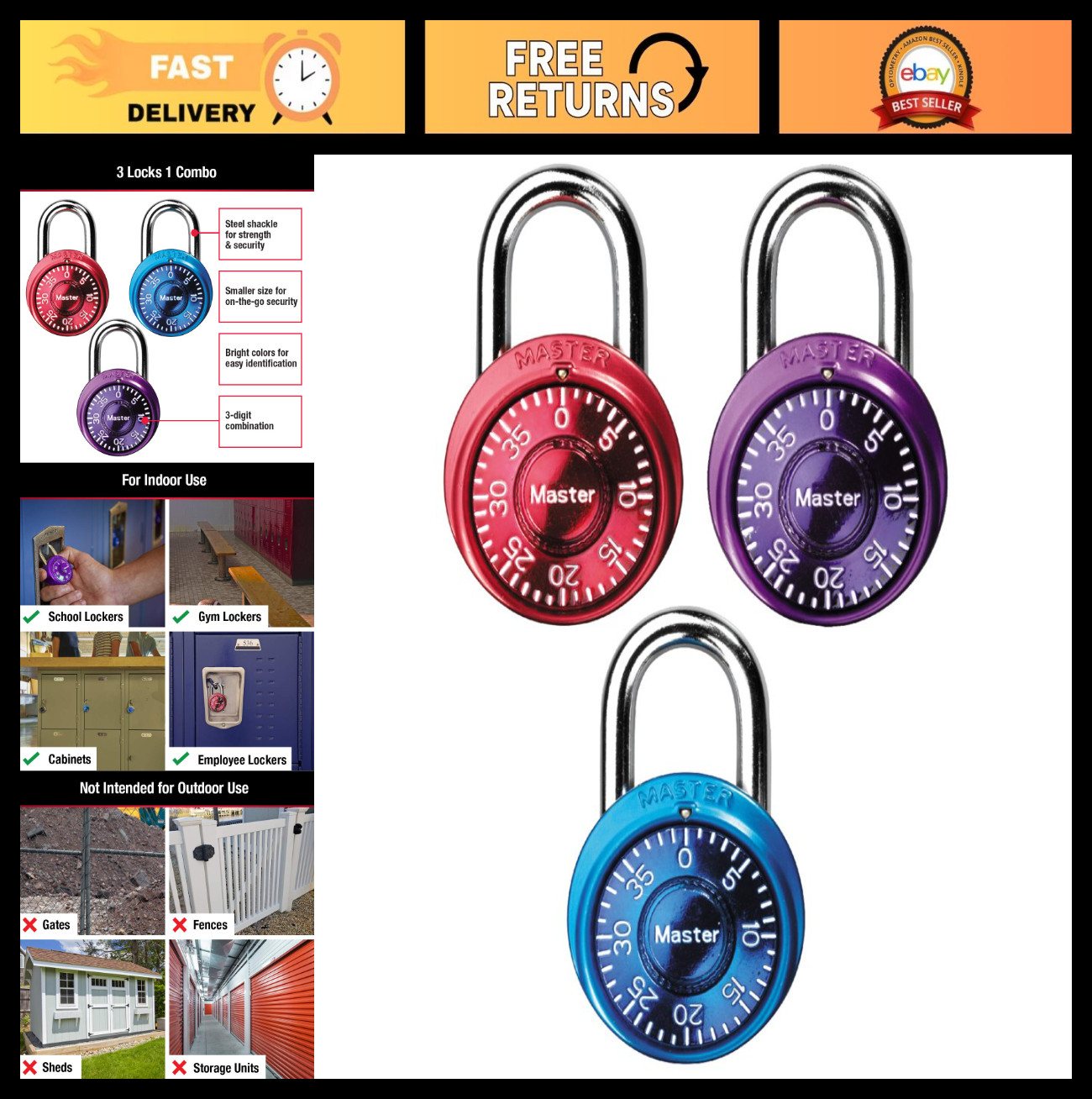 Mini Dial Combination Padlock for Gym & School Lockers - 3 Pack, 1-9/16" Wide