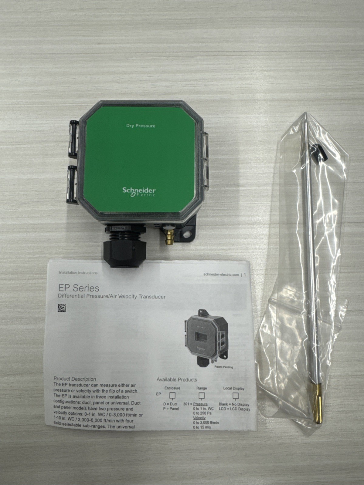 Schneider Electric EPD301 Pressure, Dry, Duct, 0-1” WC, S6 Pressure Sensor