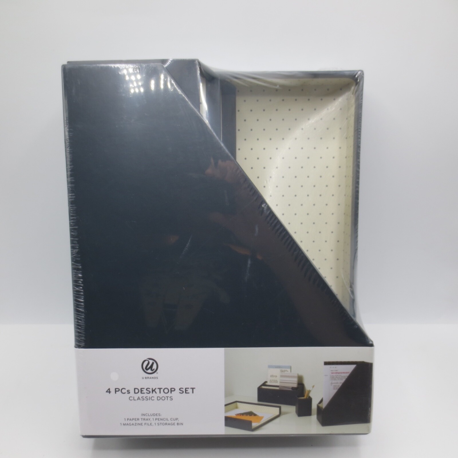 U Brands 4 Piece Classic Black & Navy Polka Dot Desk Organization Set Sealed