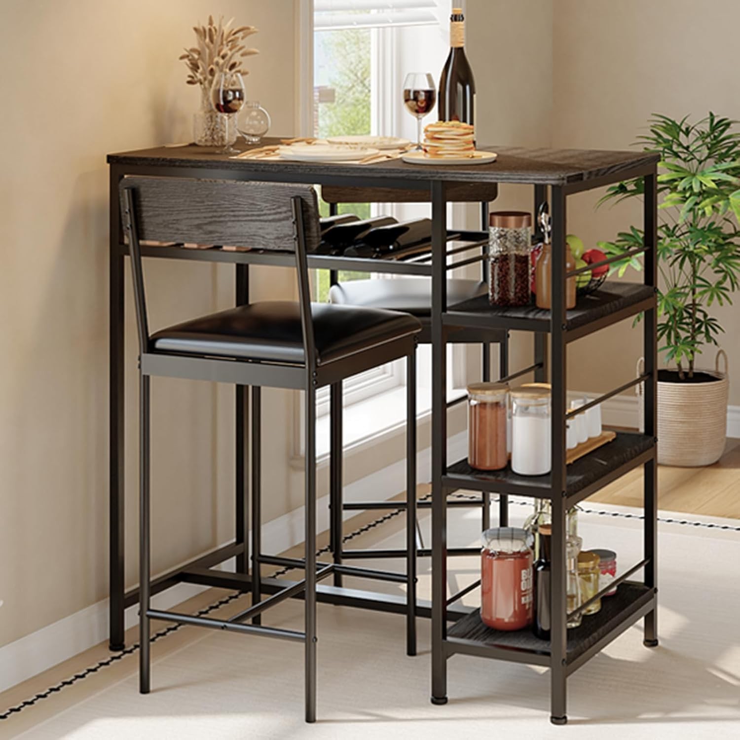3pcs Dining Table Set for 2 Kitchen Dining Room with 2 Bar Stool and Wine Rack