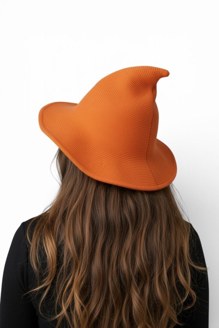 Orange Knit Pointy Witch Hat Soft Textured Wide Brim Accessory