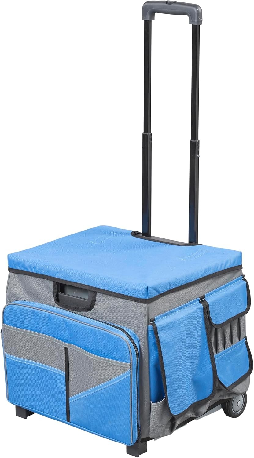 Blue Grey Mobile Folding Utility Rolling Cart With Canvas Storage Organizer Bag