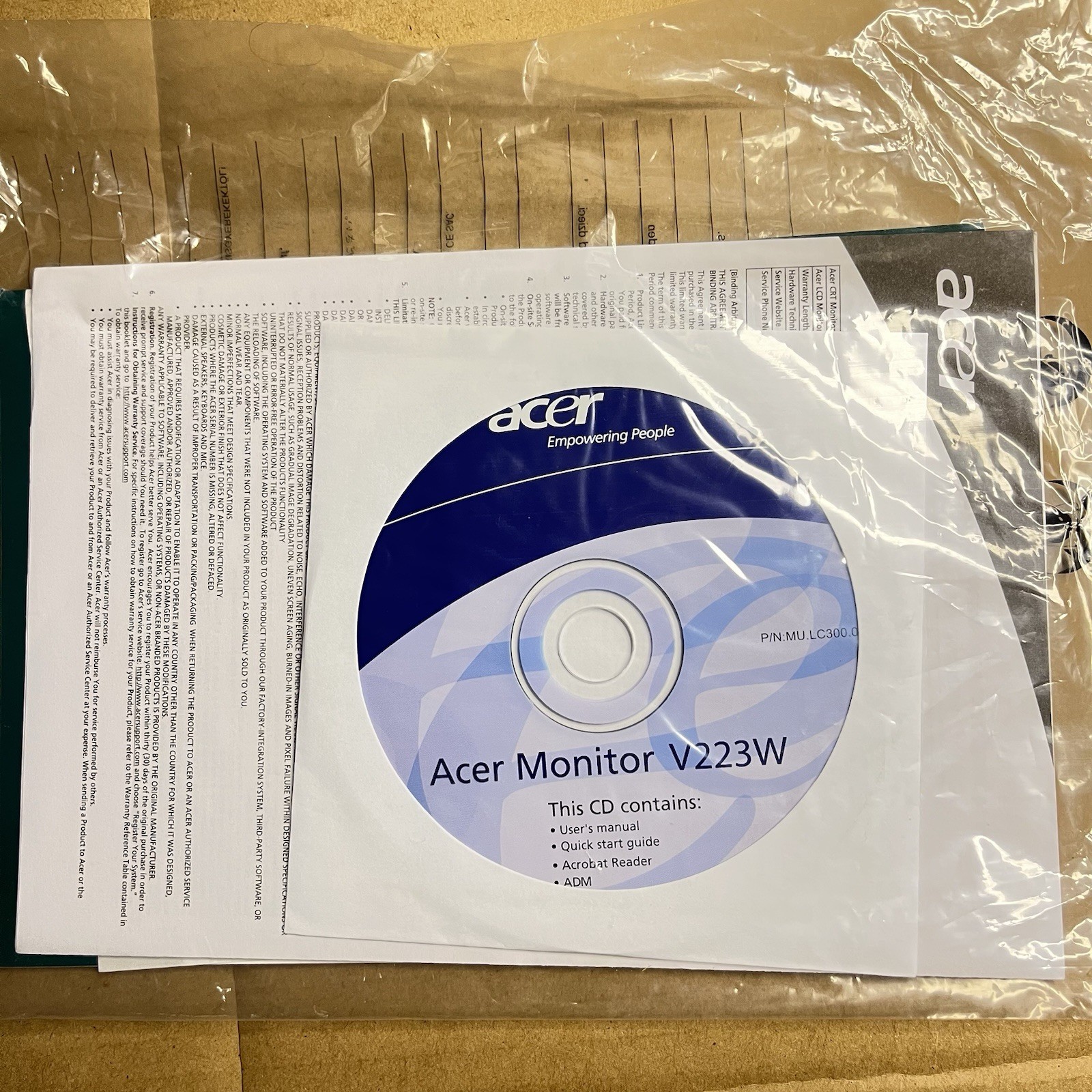 Acer V223W Monitor CD User Manual Quick Start Guide Acrobat Reader