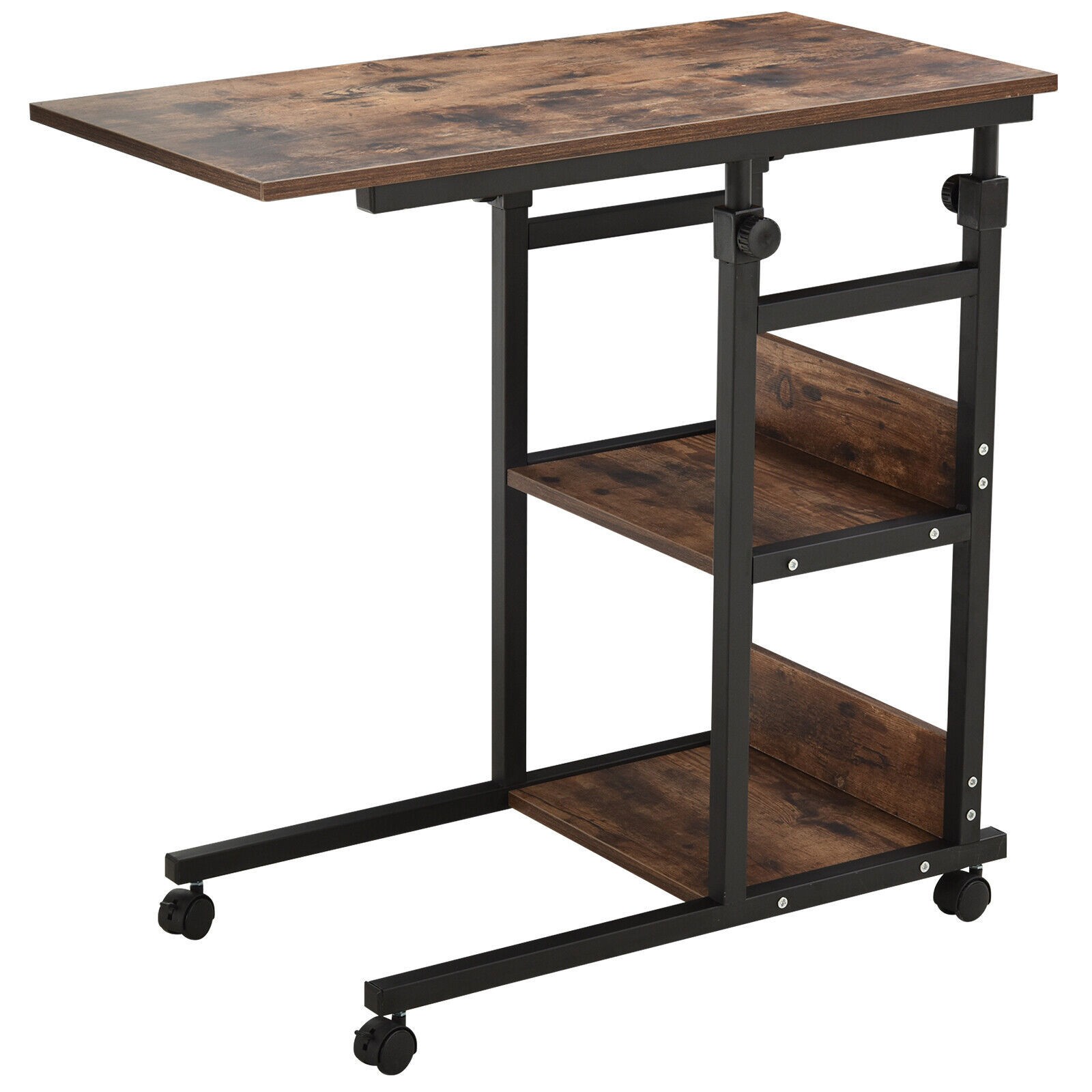 C-Shaped Mobile Sofa Bed Side Table 3-Tier Storage Shelving Cart Adjust Height