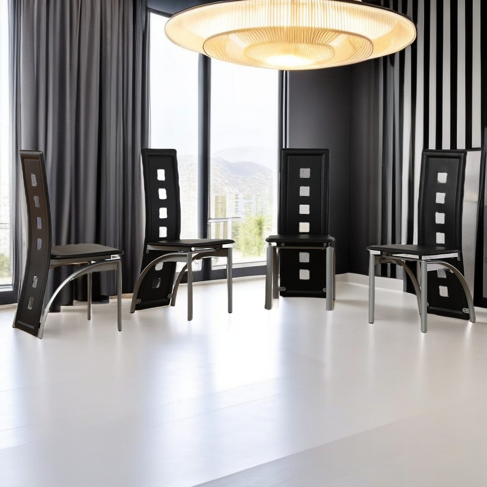 4pcs Dining Chairs - High Back Square Cutout Design, Chrome Legs & PU Leather