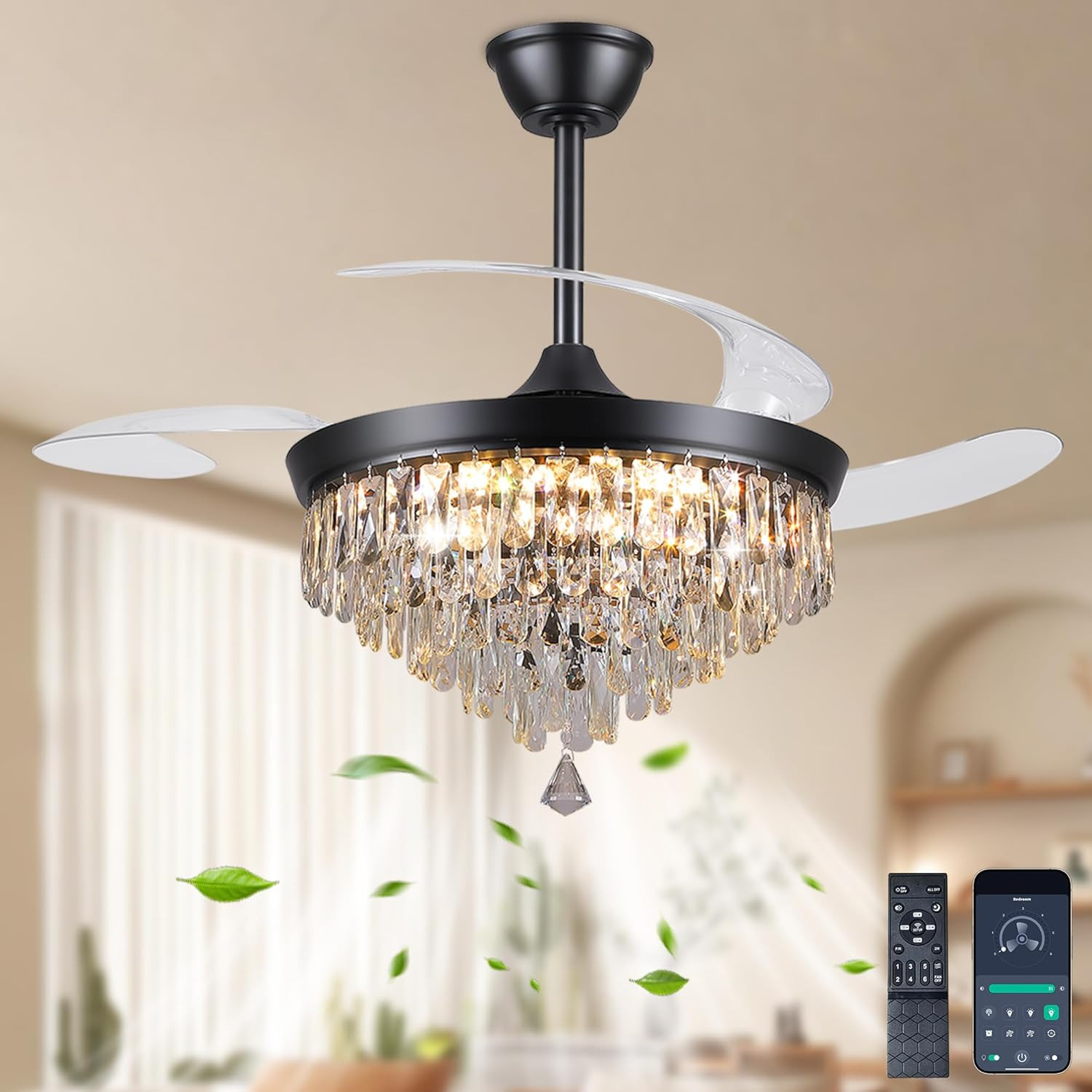 48" Chandelier Ceiling Fan with Lights, Crystal Retractable Fandelier with 3 Col