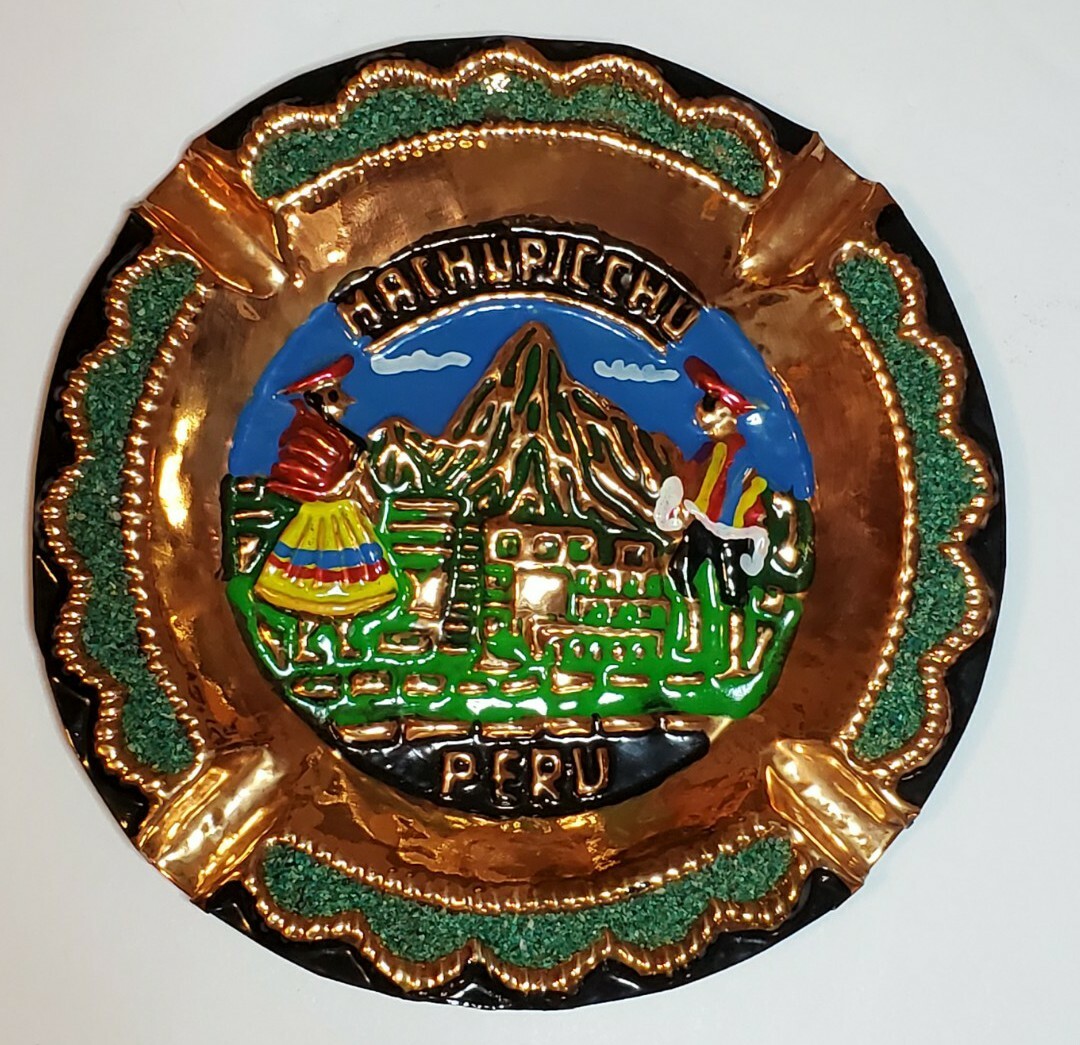 Handcrafterd enamel Machupicchu 3D embossed copper wall plate from PERU ash tray