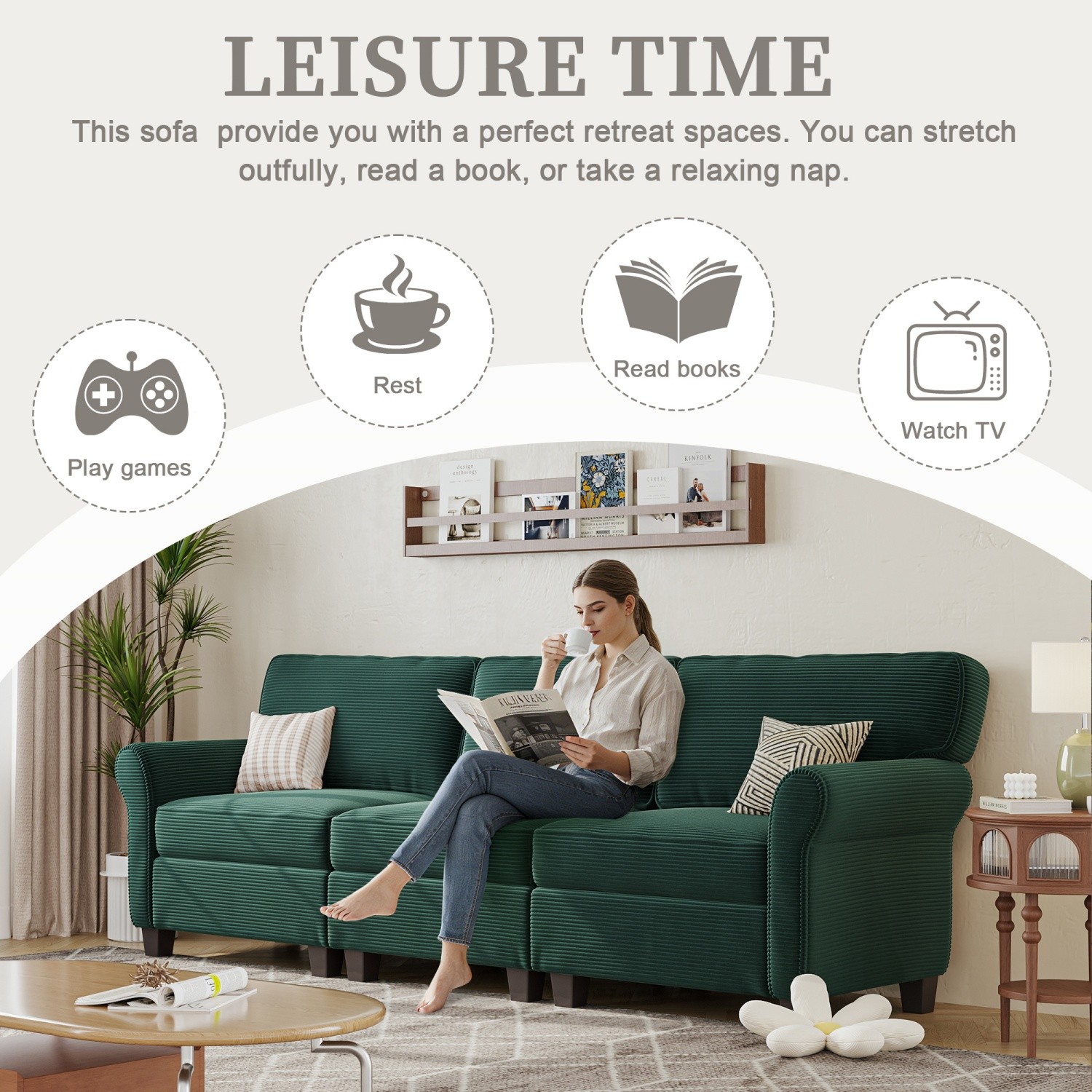 3-Seater Sofa Corduroy Upholstered Deep Seats Couch w/ Arms & Removable Cushions