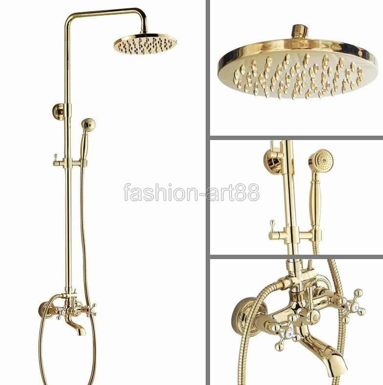 Gold Color Brass Bathroom Rain Shower Head Faucet Set Tub Mixer Tap fgf342