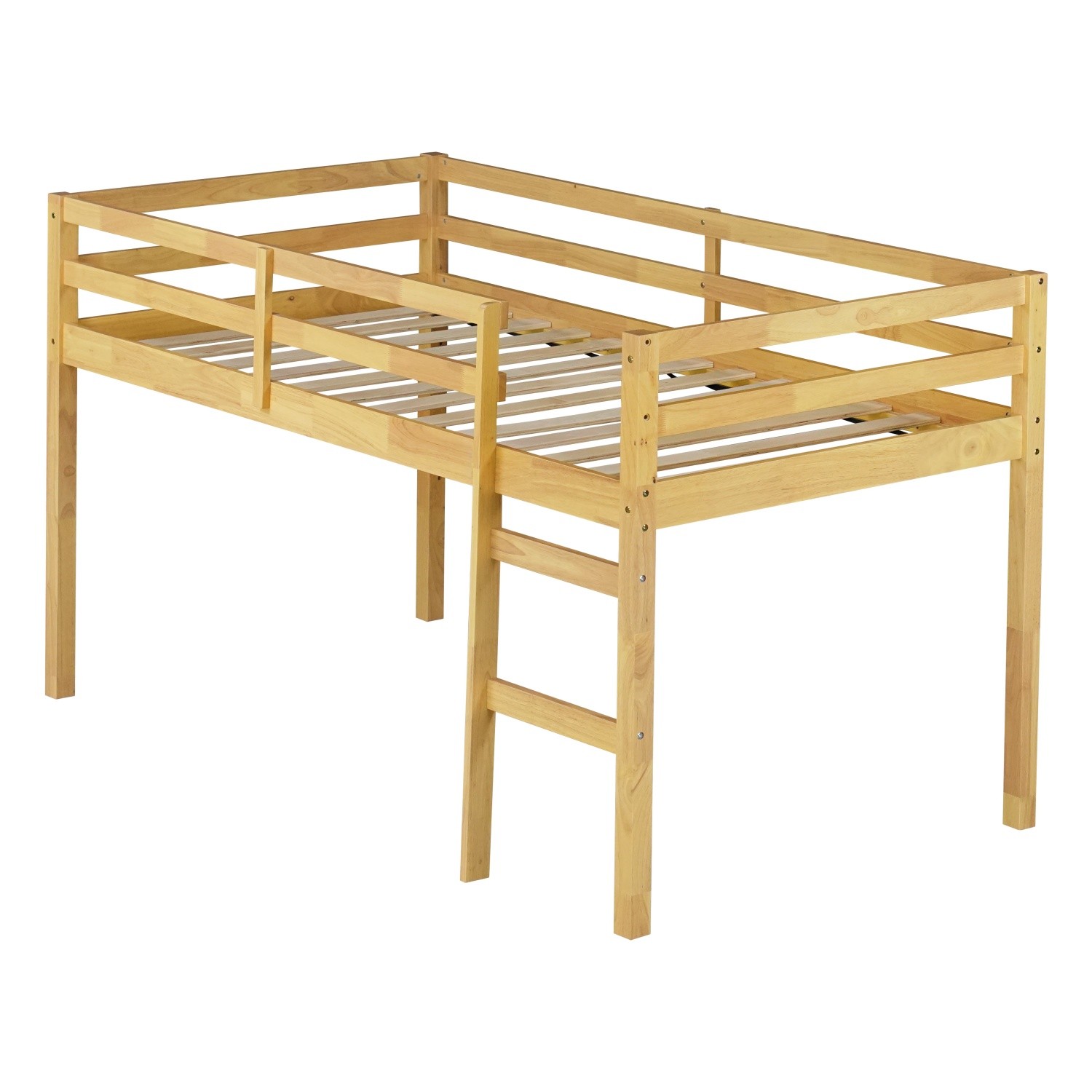Twin Size Wooden Loft Bed Frame w/ Ladder & Strengthened Slats for Kids Teens