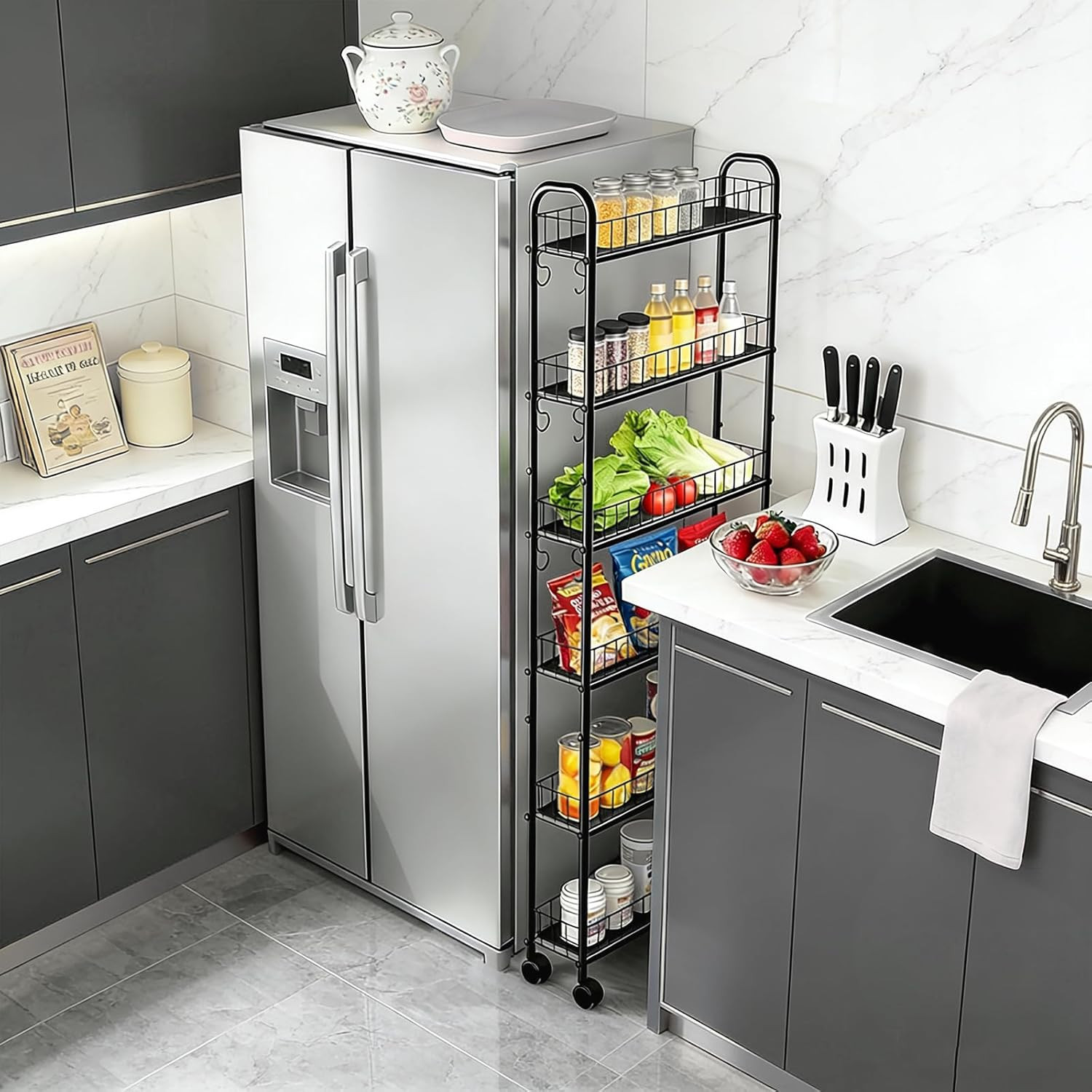 Slim Storage Cart with Wheels, 6-Tier 6In Black Narrow Rolling Shelf,Sturdy Slim