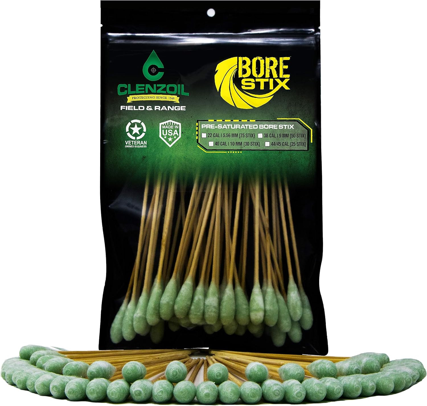 Field & Range Bore Stix | Pre-Saturated Gun Cleaning Cotton Swabs | Caliber Spec