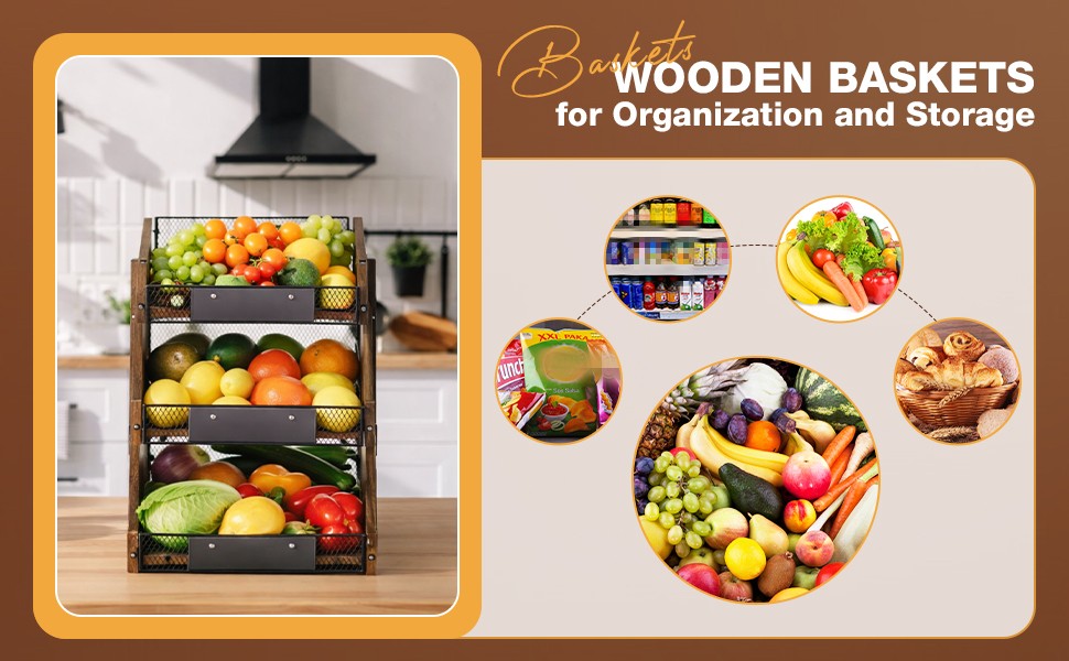 3 Tier Fruit Basket for Kitchen Counter Organizer with Banana