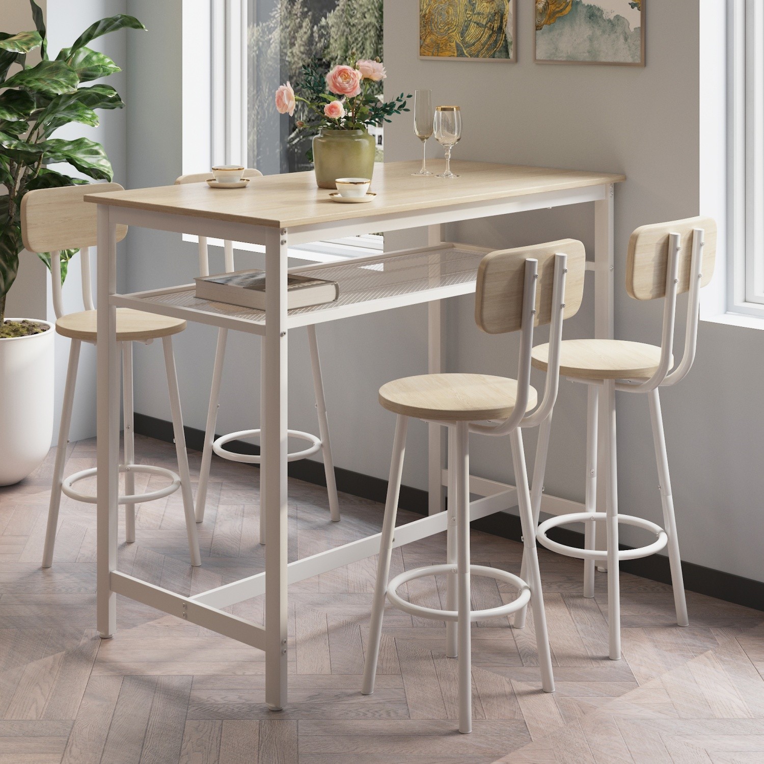 5 Piece Bar Table Set Kitchen Counter Height Table Dining Table w/ 4 Bar Stool