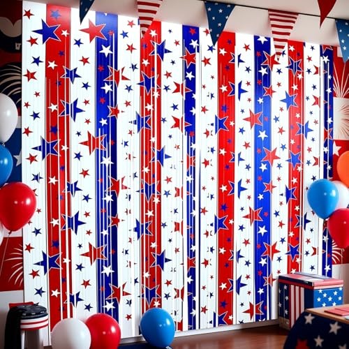 Suncalla 2 Pack Foil Curtain Backdrop Red White and Blue Star Metallic Hanging