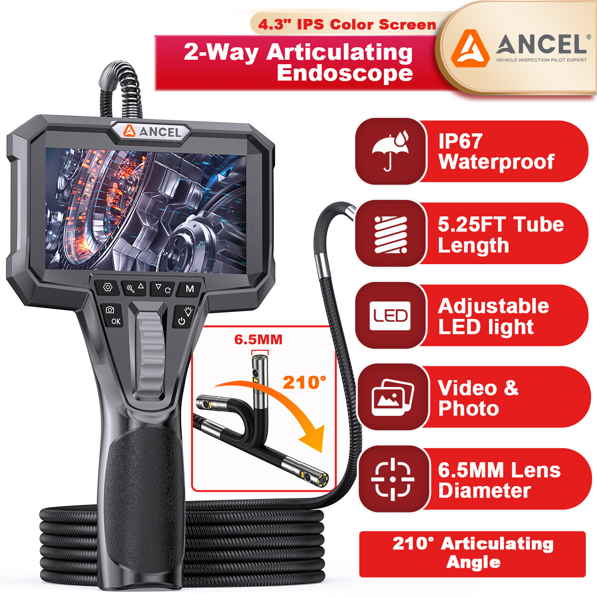 ANCEL AN302 6.5MM Dual Camera HD Endoscope with 7 LED Lights Car Inspection Tool