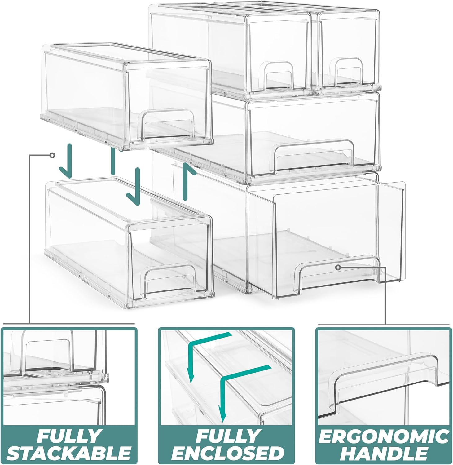 Small Clear Stackable Storage Drawers – 2-Pack Plastic Organizer Bins with Handl