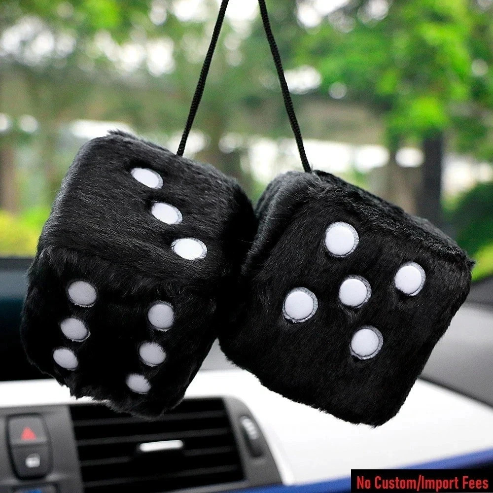 1 Pair Auto Black Fuzzy Dice Car Plush Hanging Rear View Mirror Front Decoration