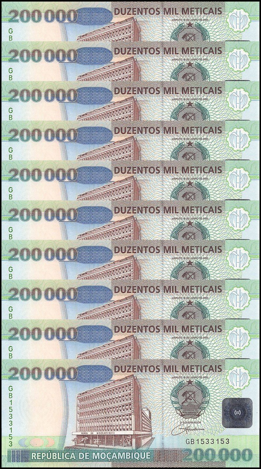 Mozambique 200000 Meticais, 2003, P-141, UNC X 10 PCS