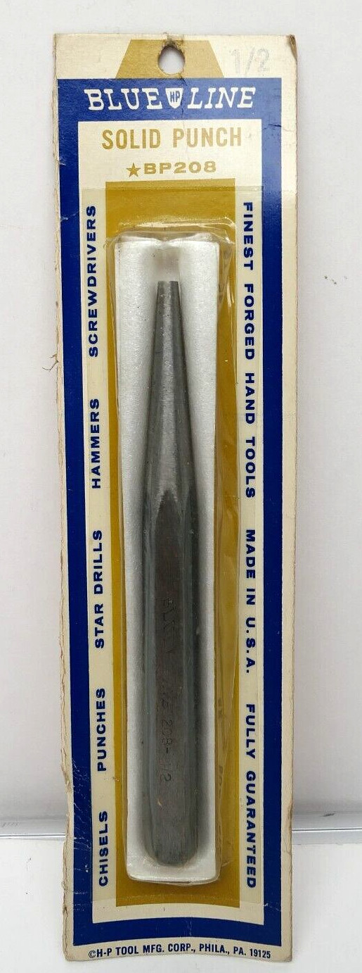RARE Vintage H-P Tool Blue Line 1/2" Solid Punch Hand Tool BP208 6" Long USA NOS
