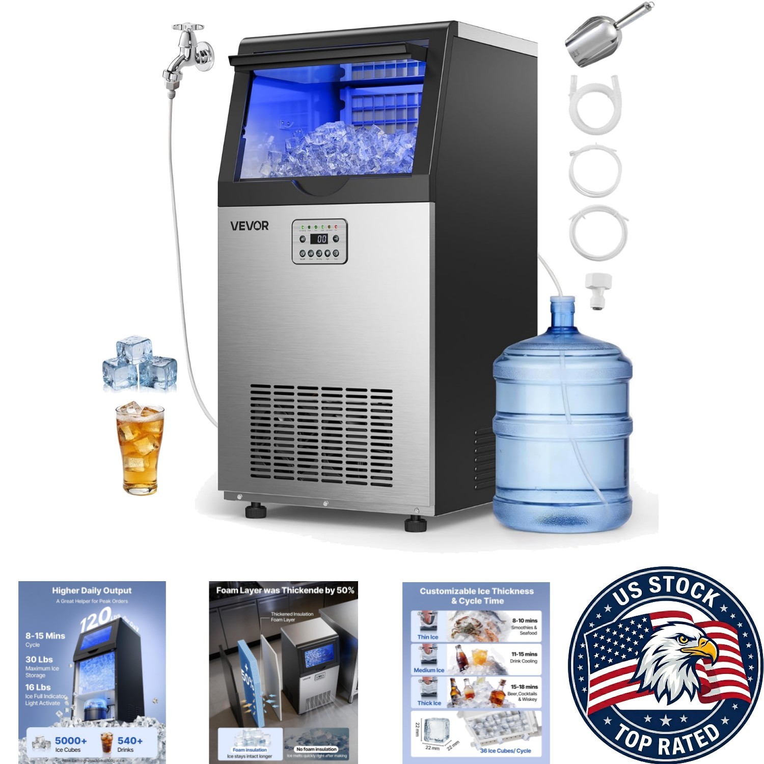 Freestanding Stainless Steel Ice Maker – 120 lbs Daily Output & LED Display