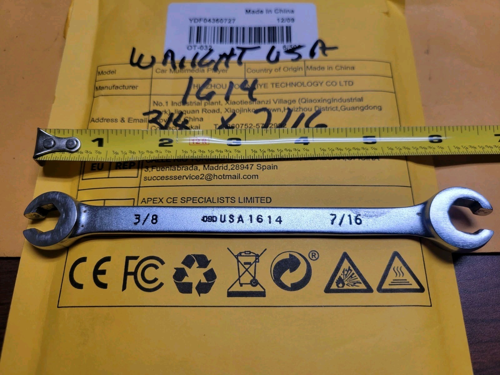 Wright # 1614 3/8" X 7/16" Flare Nut Wrenches 6 Pt. NICE