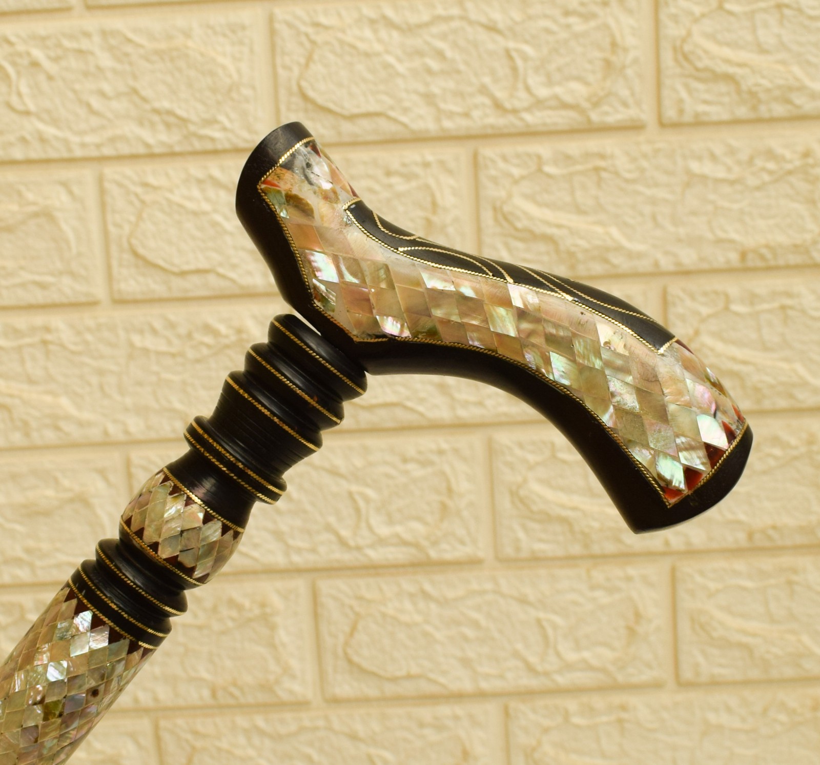 Handmade Mother of Pearl Inlaid Ebony Walking Cane – Collector Wooden Stick 35"